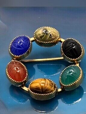 Wells Stone Scarab Brooch 14Kt GF Tiger Eye, Nephrite, Chrysoprase, Tourmaline